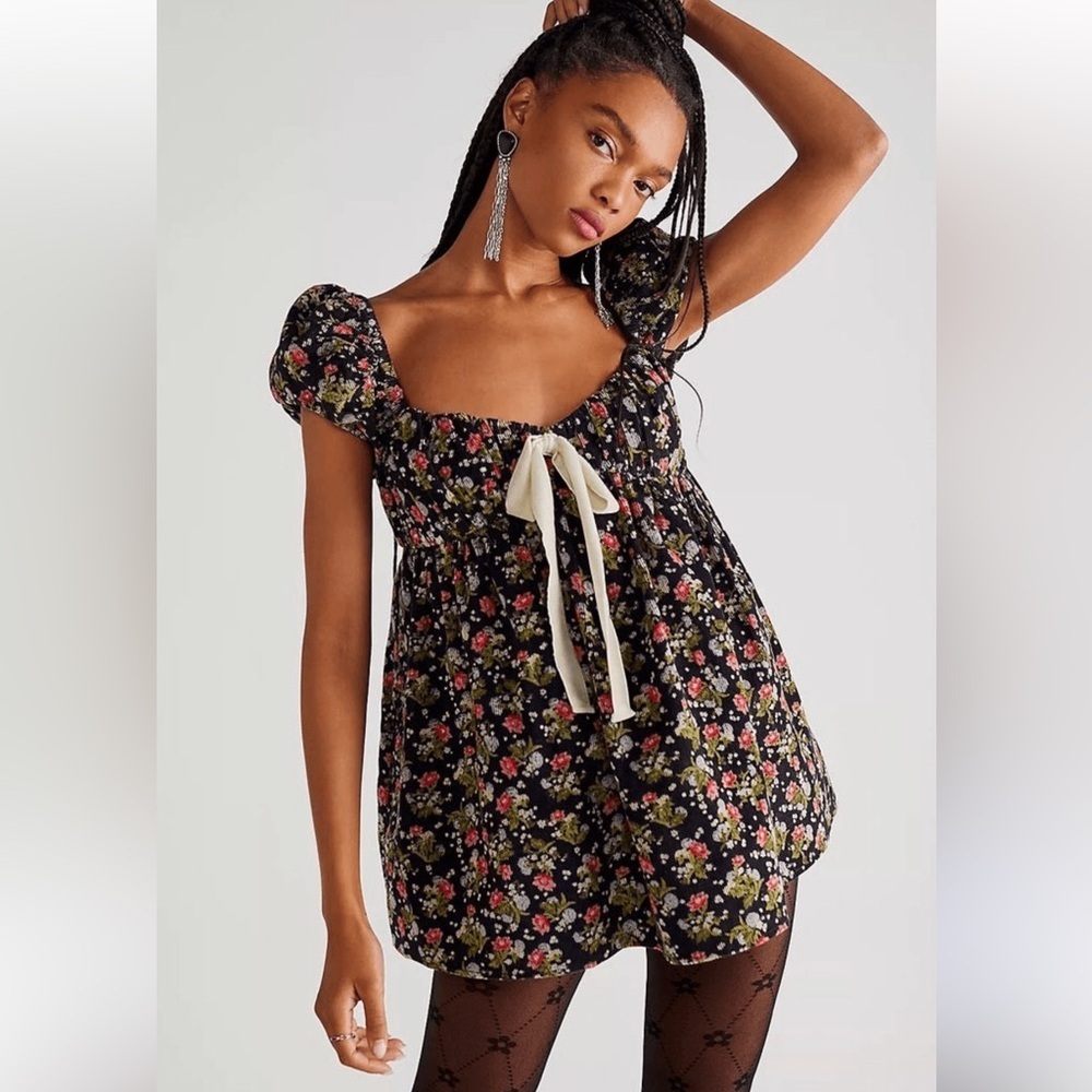 Free people Gaia floral black corduroy tunic mini dress medium